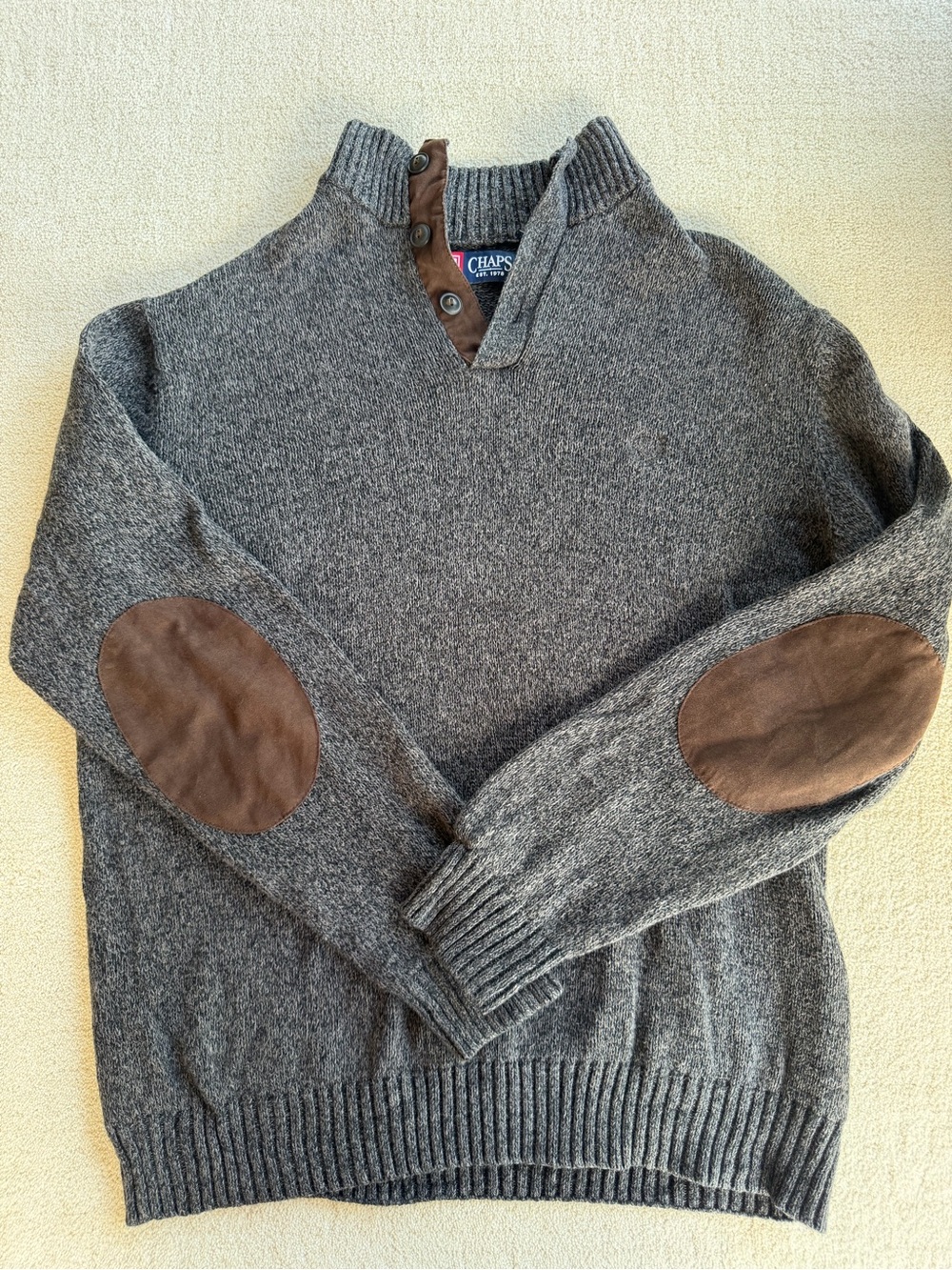 CHAPS Mens Gray Sweater Elbow Patch Button Mock Neck Preppy Size Tag Missing